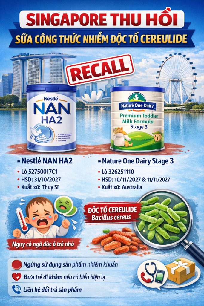 Singapore thu hồi thêm sữa Nestlé NAN HA2 và Nature One Dairy do nhiễm độc tố Cereulide